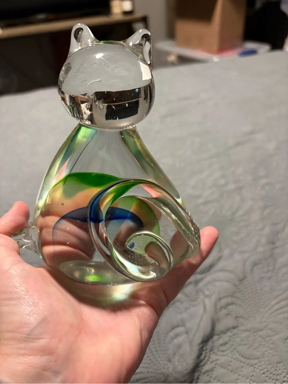 Clear Glass Cat Figurine with Green and Blue Swirl - Brand Unbranded
